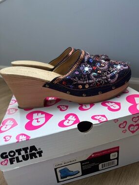 Boho Navy & Black Embellished Floral Clog Wedges